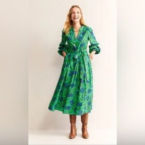 Boden Green and Blue Floral Wrap Midi Dress with Tie Waist- NWT